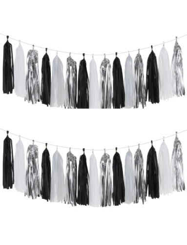 Dekoratif Püsküllü Süs 4.2 Metre 20 Parça Siyah Beyaz Gümüş - 2