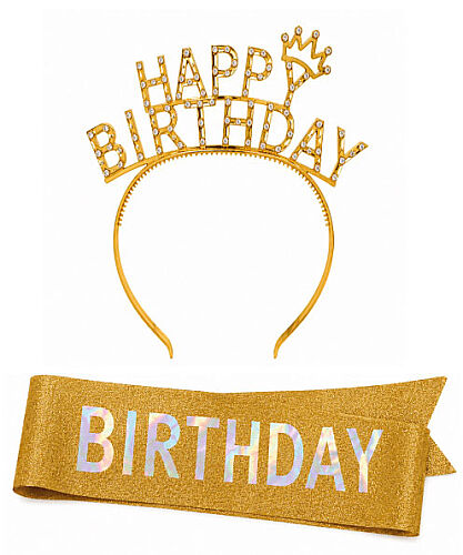 Happy Birthday Taşlı Taç Kuşak Set Altın - 