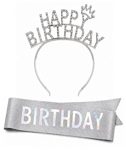 Happy Birthday Taşlı Taç Kuşak Set Gümüş - 