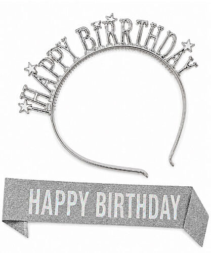Happy Birthday Yıldızlı Taç Kuşak Set Gümüş - 