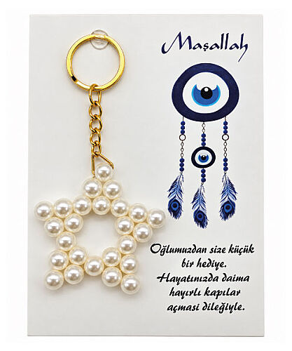 Hediyelik Anahtarlık İnci Yıldızlı Mavi Nazar Boncuklu Model 25 Parça - 