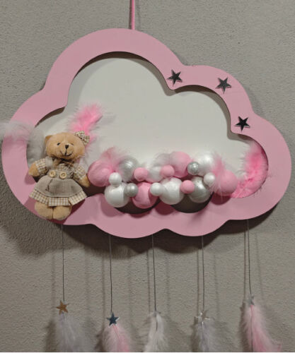 Ahşap Kapı Süsü Işıklı Bulut Model Kız Tema Pembe-Gümüş - 2