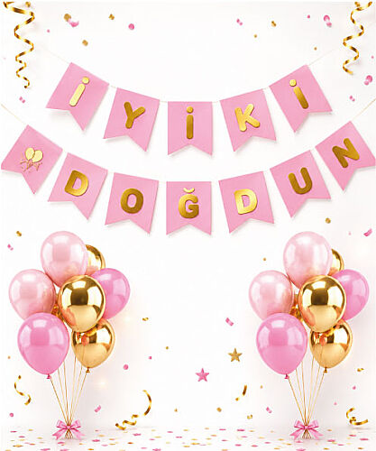 Kağıt Banner İyi Ki Doğdun Pembe Zemin Altın Varaklı - 2