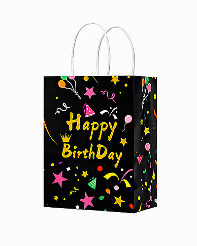 Kağıt Çanta Büklüm Sap 12x15x6 Happy Baskılı 25 Parça Siyah - 
