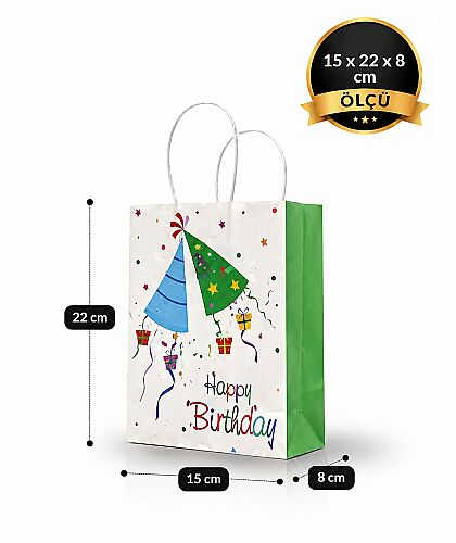 Kağıt Çanta Büklüm Sap 15x22x8 Happy Şapkalı Baskılı 25 Parça - 2