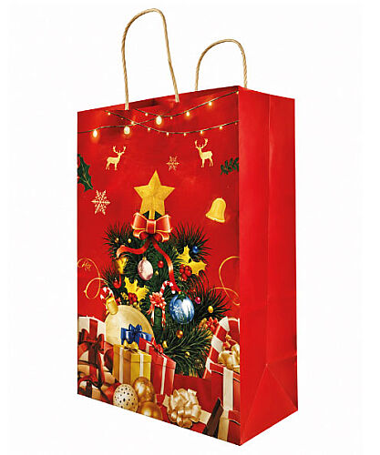 Kağıt Çanta Büklüm Sap 26x32x12 Yılbaşı Baskılı 25 Parça - 