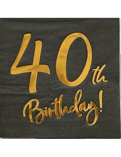 Kağıt Peçete Varak baskılı 40 Birthday Siyah 20 Parça - 