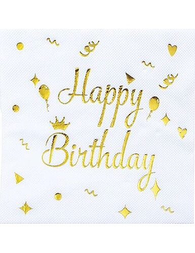 Kağıt Peçete Varaklı Happy Birthday Beyaz Altın baskılı 20 Parça - 