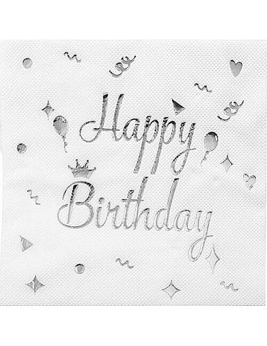 Kağıt Peçete Varaklı Happy Birthday Beyaz Gümüş baskılı 20 Parça - 