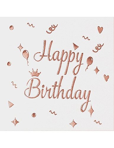 Kağıt Peçete Varaklı Happy Birthday Beyaz Rose Gold baskılı 20 Parça - 