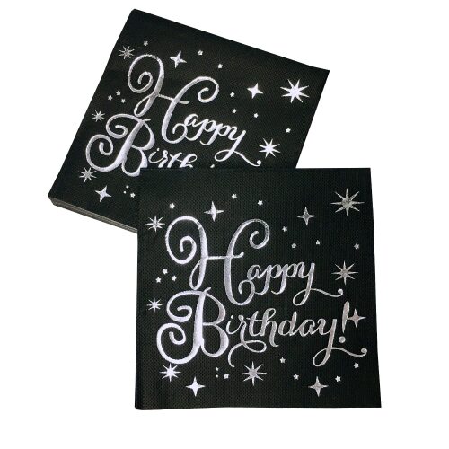 Kağıt Peçete Varaklı Happy Birthday Siyah Gümüş baskılı 20 Parça - 2