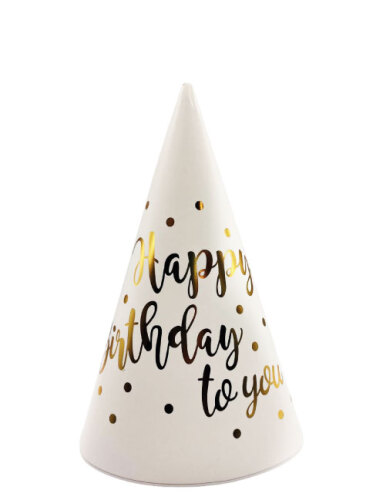 Kağıt Şapka Varaklı Happy Birthday Temalı Beyaz 6 Parça - 
