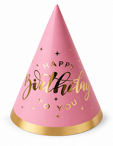 Kağıt Şapka Varaklı Happy Birthday Temalı Pembe 6 Parça - 