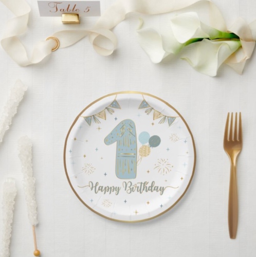 Karton Tabak Gold Varaklı 1 Yaş Mavi 23 cm 6 Parça - 3