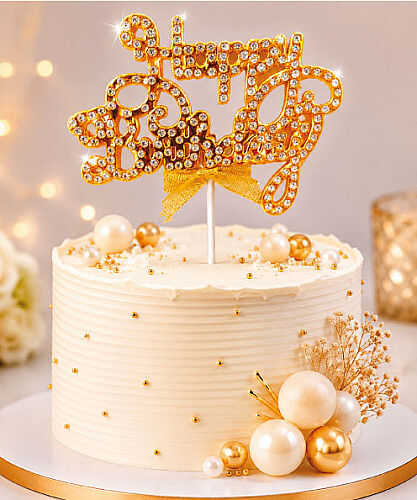 Krom Renk Pasta Üstü Happy Birthday Taşlı Altın - 2