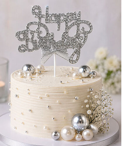 Krom Renk Pasta Üstü Happy Birthday Taşlı Gümüş - 2