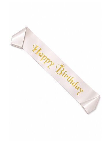 Kuşak Saten Happy Birthday Beyaz Üzeri Altın Baskılı - 