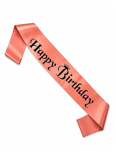Kuşak Saten Happy Birthday Somon Üzeri Siyah Baskılı - 