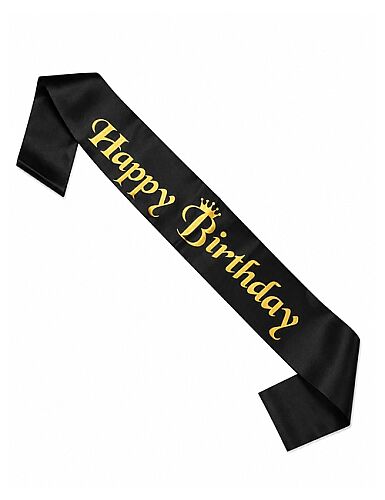 Kuşak Saten Happy Birthday Siyah Üzeri Altın Baskılı - 