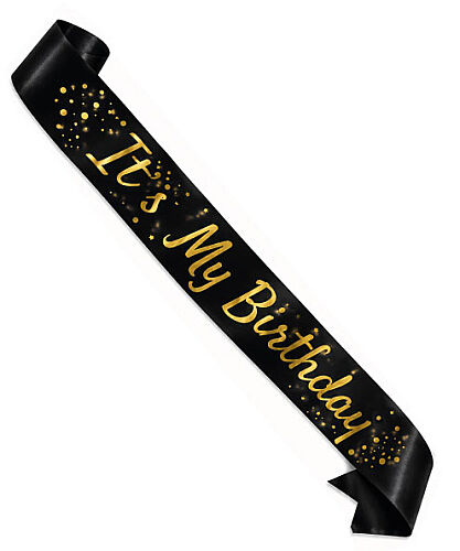 Kuşak Saten Varaklı İts My Birthday Siyah Üzeri Altın Baskılı - 