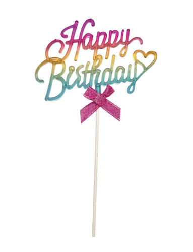 Makaron Renk Pasta Üstü Çubuklu Happy Birthday Renkli Kalpli - 2