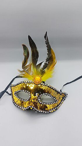 Maske Plastik Tüylü Taşlı Pullu Model Altın - 3