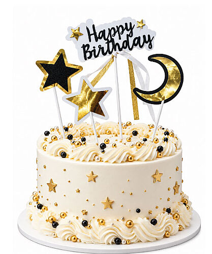 Pasta Üstü Çubuklu Happy Birthday Yıldızlı Kurdeleli 4 Parça - 