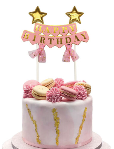 Pasta Üstü Çubuklu Happy Birthday Yıldızlı Tüllü Pembe - 