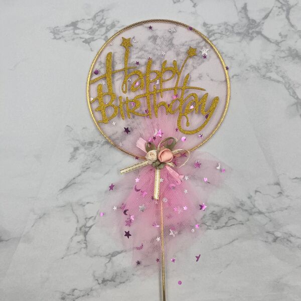 Pasta Üstü Çubuklu Metal Süs Tüllü Pembe - 3