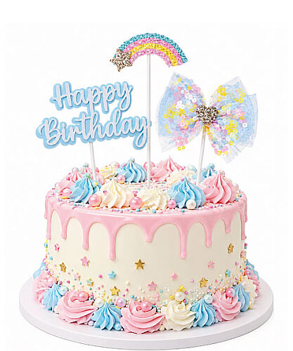 Pasta Üstü Happy Birthday Tüllü Gökkuşağı Temalı 3 Parça Mavi - 