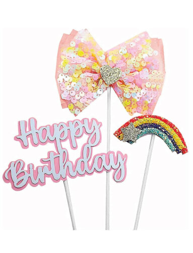 Pasta Üstü Happy Birthday Tüllü Gökkuşağı Temalı 3 Parça Pembe - 