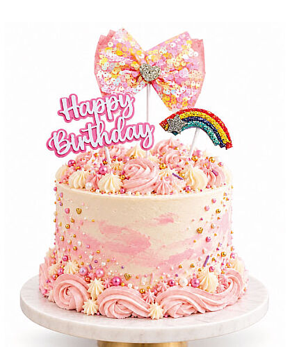 Pasta Üstü Happy Birthday Tüllü Gökkuşağı Temalı 3 Parça Pembe - 