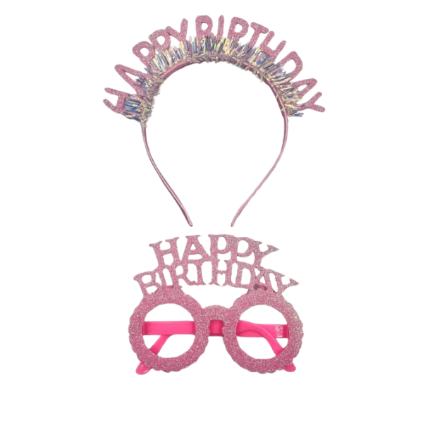 Plastik Happy Birthday Taç Gözlük Set Simli Pembe - 