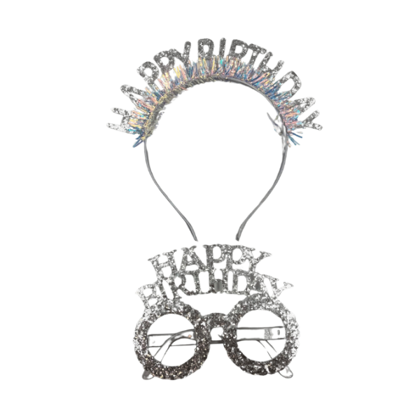 Plastik Happy Birthday Taç Gözlük Set Simli Gümüş - 
