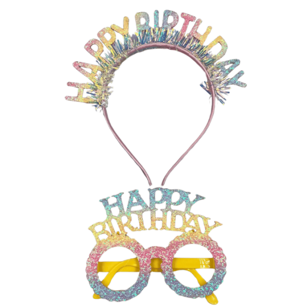 Plastik Happy Birthday Taç Gözlük Set Simli Renkli - 