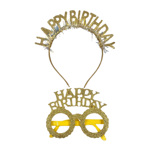 Plastik Happy Birthday Taç Gözlük Set Simli Gold - 