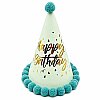 Ponponlu Şapka Makaron Parlak Happy Birthday Varak Baskılı Mavi - 1