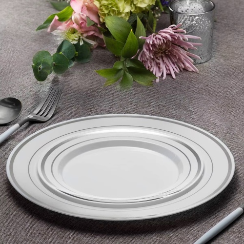 Porselen Görünümlü Beyaz Tabak Gümüş Varaklı 26 Cm 12 Parça - 2
