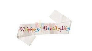 Kuşak Saten Happy Birthday Beyaz Üzeri Renkli Baskılı - 3