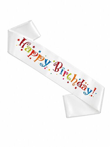 Kuşak Saten Happy Birthday Beyaz Üzeri Renkli Baskılı - 