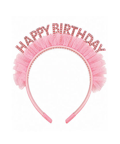Taç Taşlı Happy Birthday Yazılı Tüllü Pembe - 