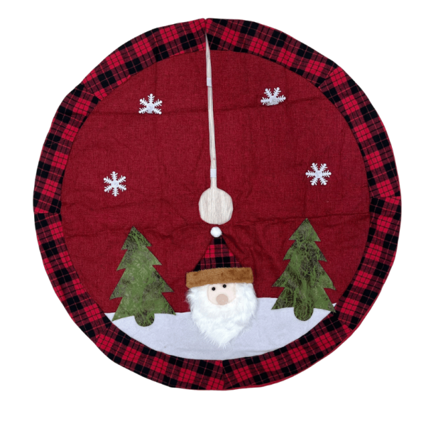 Yılbaşı Ağaç Örtüsü Keten Kırmızı Ekoseli Noel Baba Figürlü 90 Cm Lüks - 