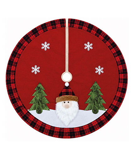 Yılbaşı Ağaç Örtüsü Keten Kırmızı Ekoseli Noel Baba Figürlü 90 Cm Lüks - 