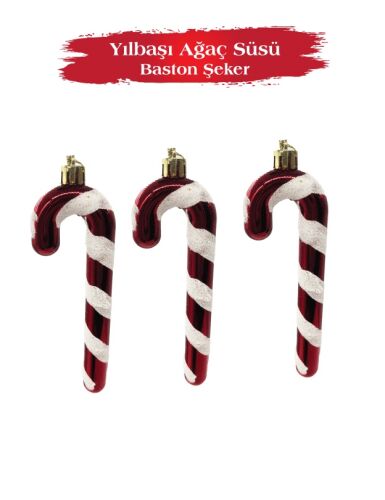Yılbaşı Ağaç Süsü Baston Şeker 14 Cm 3 Parça - 