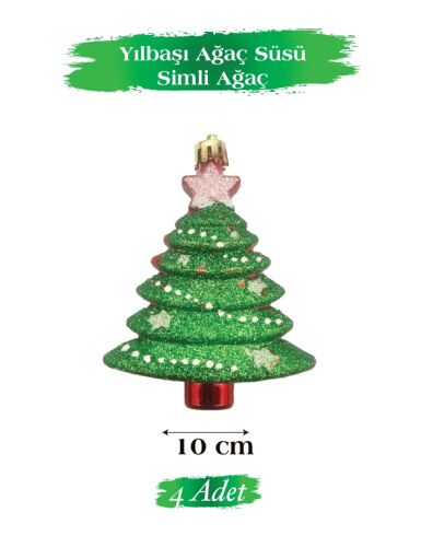 Yılbaşı Ağaç Süsü Simli Ağaç 10 Cm 4 Parça - 