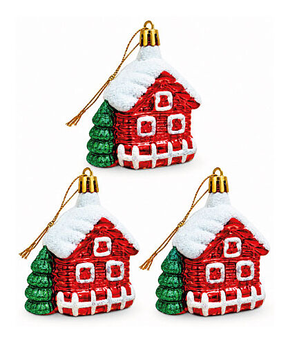 Yılbaşı Ağaç Süsü Yeşilli Ev Model 8 Cm 3 Parça - 