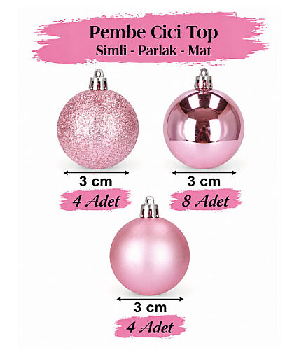 Yılbaşı Top Süs 3 Cm Mat Simli Parlak Pembe 16lı - 