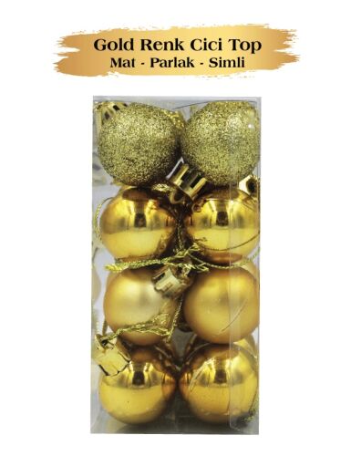 Yılbaşı Top Süs 3 Cm Mat Simli Parlak Gold 16lı - 