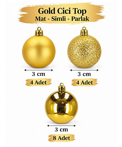 Yılbaşı Top Süs 3 Cm Mat Simli Parlak Gold 16lı - 