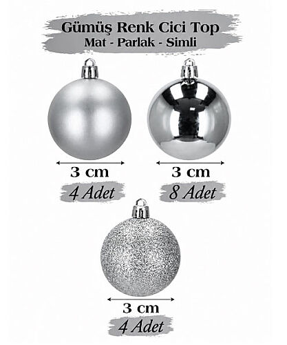 Yılbaşı Top Süs 3 Cm Mat Simli Parlak Gümüş 16lı - 